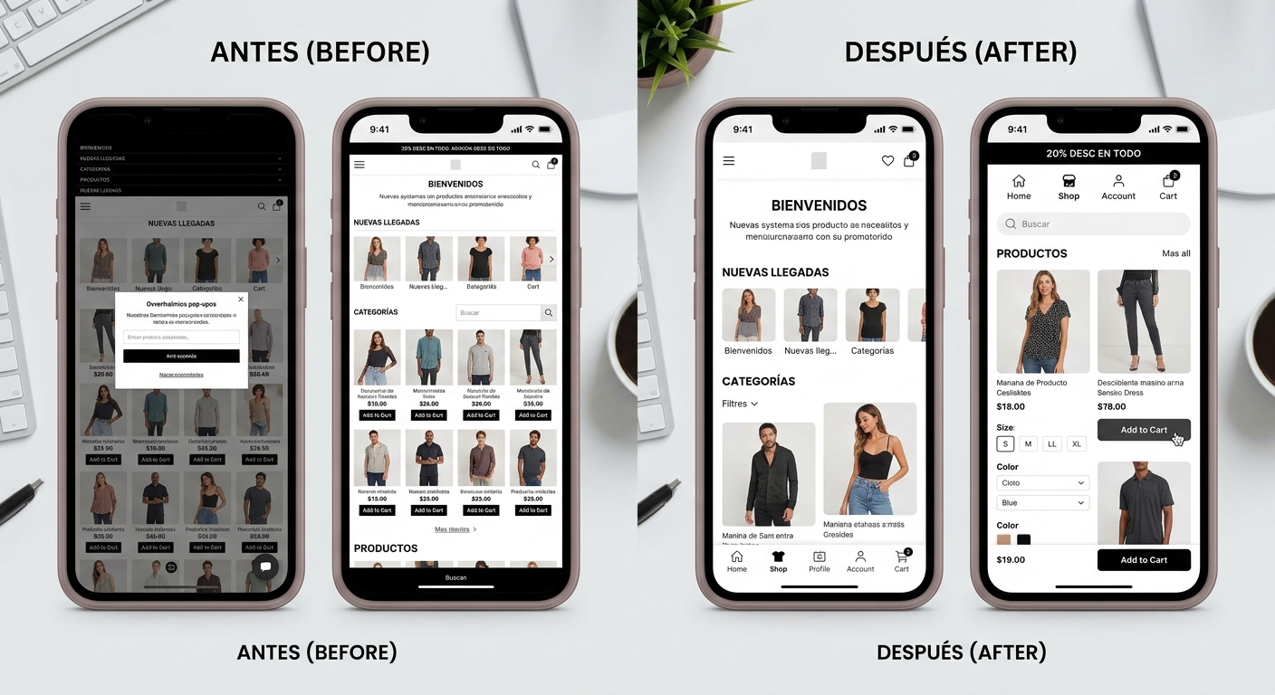 Comparación de un sitio web lento frente a uno optimizado en móvil para una pyme