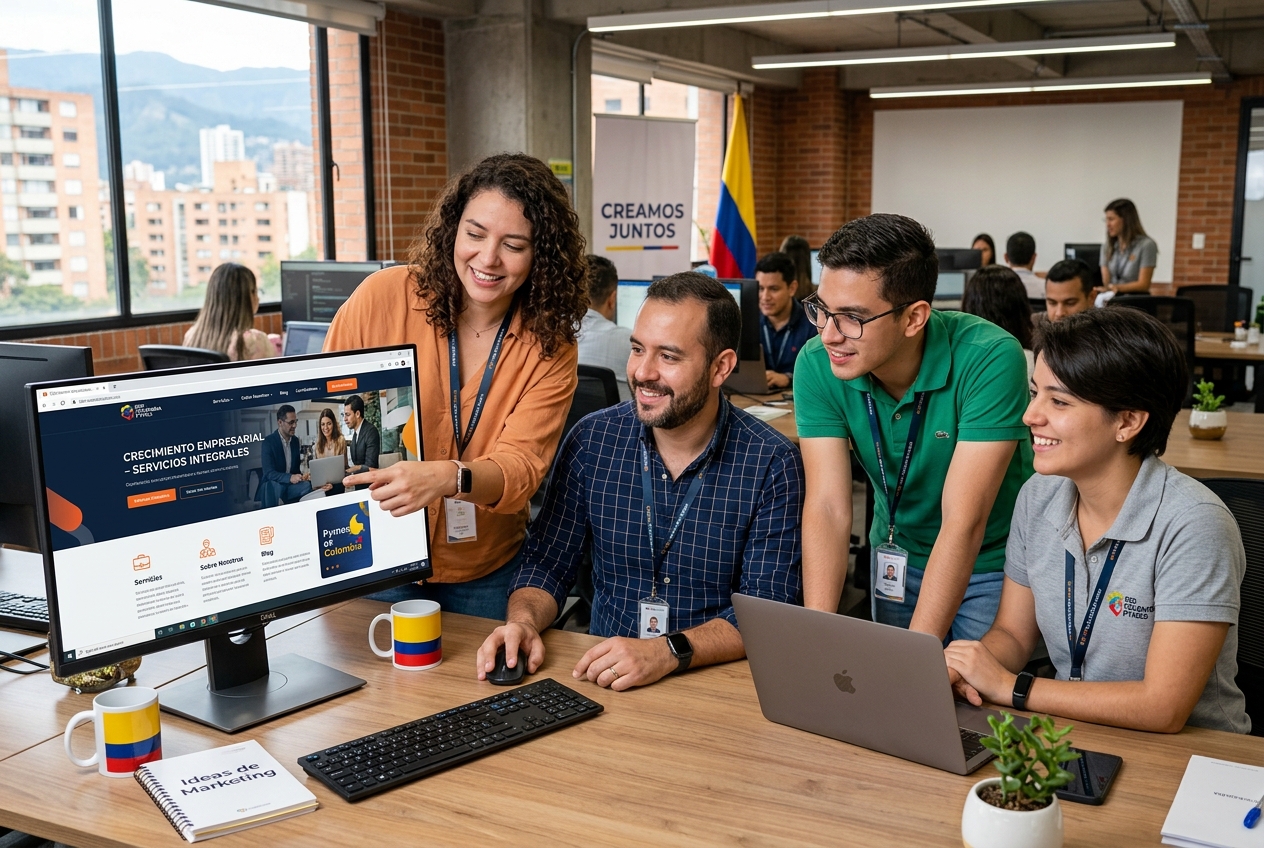 Equipo de una pyme en Bogotá revisando el diseño web pymes Bogotá de su negocio