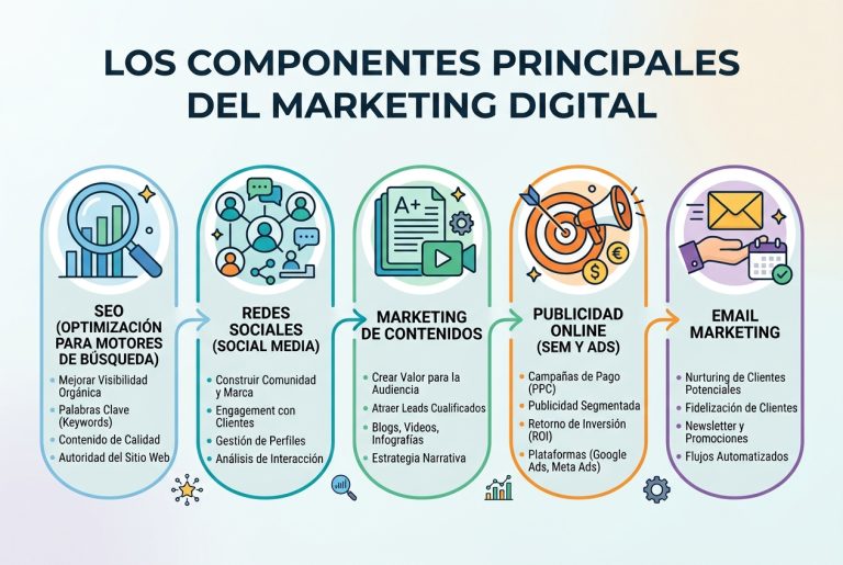 Componentes de una agencia marketing digital Medellín: SEO, redes sociales, contenidos, publicidad online y email marketing