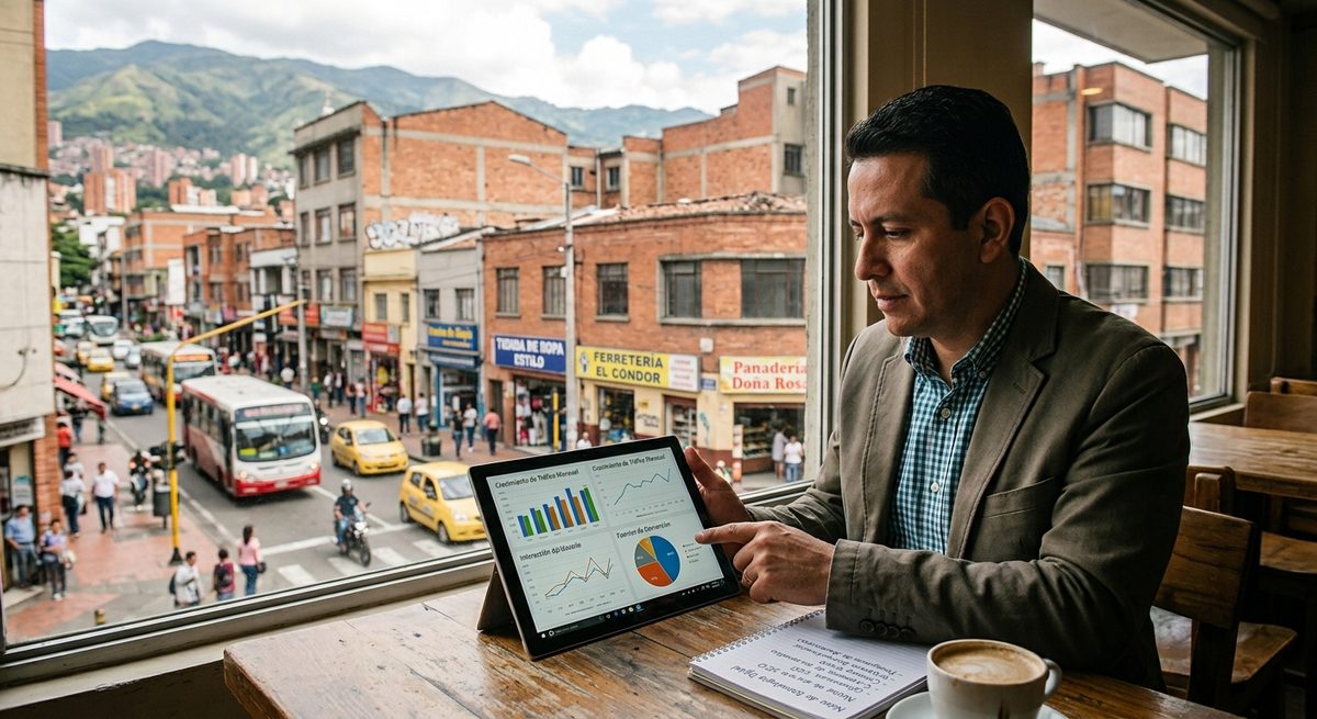 Dueño de pyme en Medellín evaluando una agencia marketing digital Medellín para su negocio.