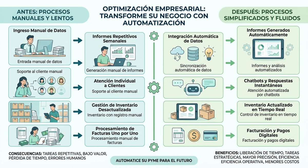Diagrama simplificado mostrando la transformación de un proceso manual a uno automatizado, con flechas que indican eficiencia.