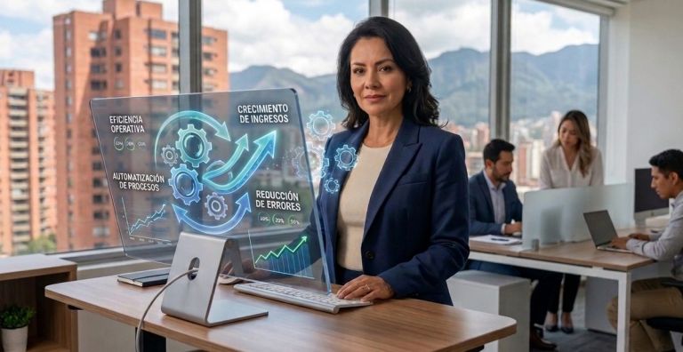 Una empresaria pyme colombiana viendo un gráfico que muestra un aumento de eficiencia gracias a la automatización de procesos para pymes.