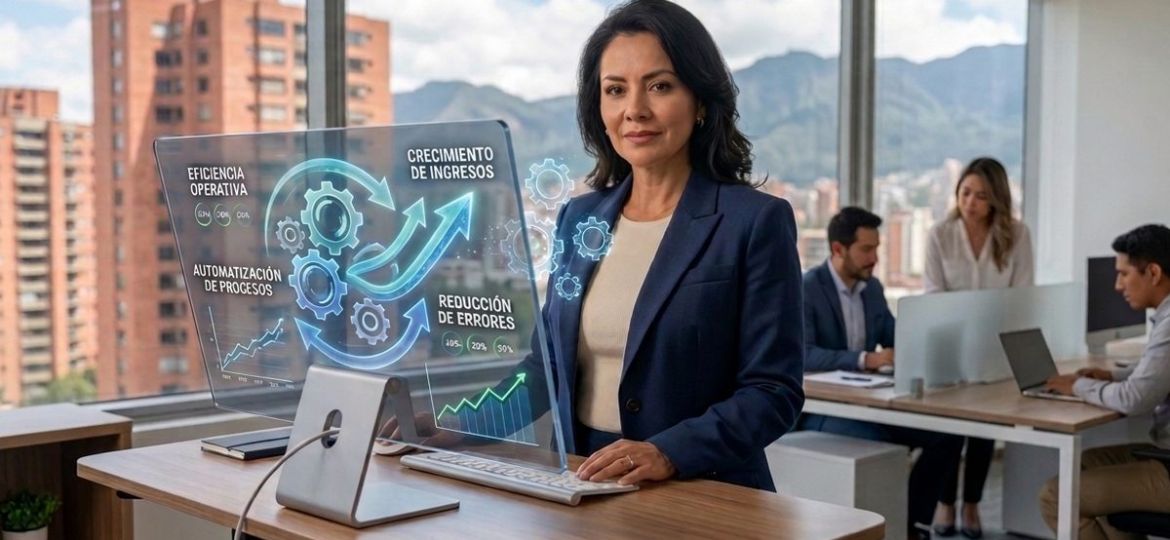Una empresaria pyme colombiana viendo un gráfico que muestra un aumento de eficiencia gracias a la automatización de procesos para pymes.