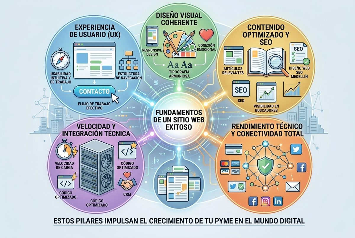 Diagrama de pilares de un sitio web exitoso para pymes