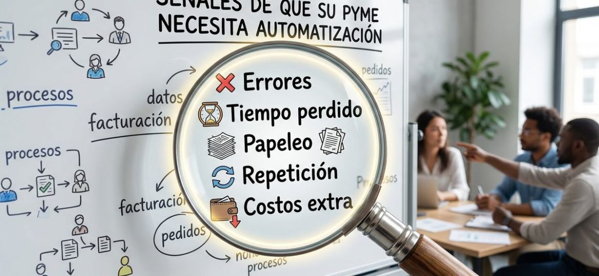 Lupa enfocando en una lista de problemas comunes en pymes como errores, pérdida de tiempo y burocracia, indicando la necesidad de optimización.