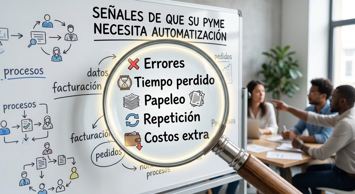 Lupa enfocando en una lista de problemas comunes en pymes como errores, pérdida de tiempo y burocracia, indicando la necesidad de optimización.