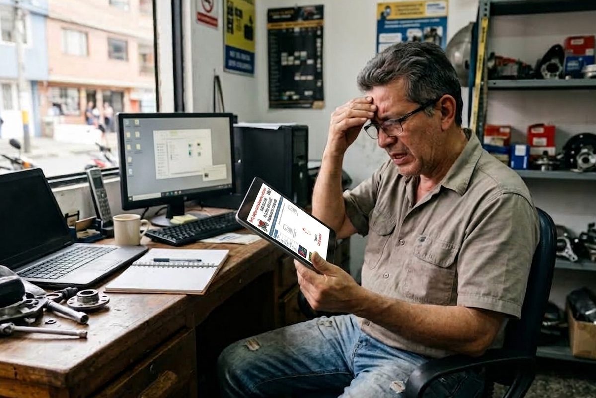 Dueño de pyme frustrado mirando un sitio web obsoleto en una tablet